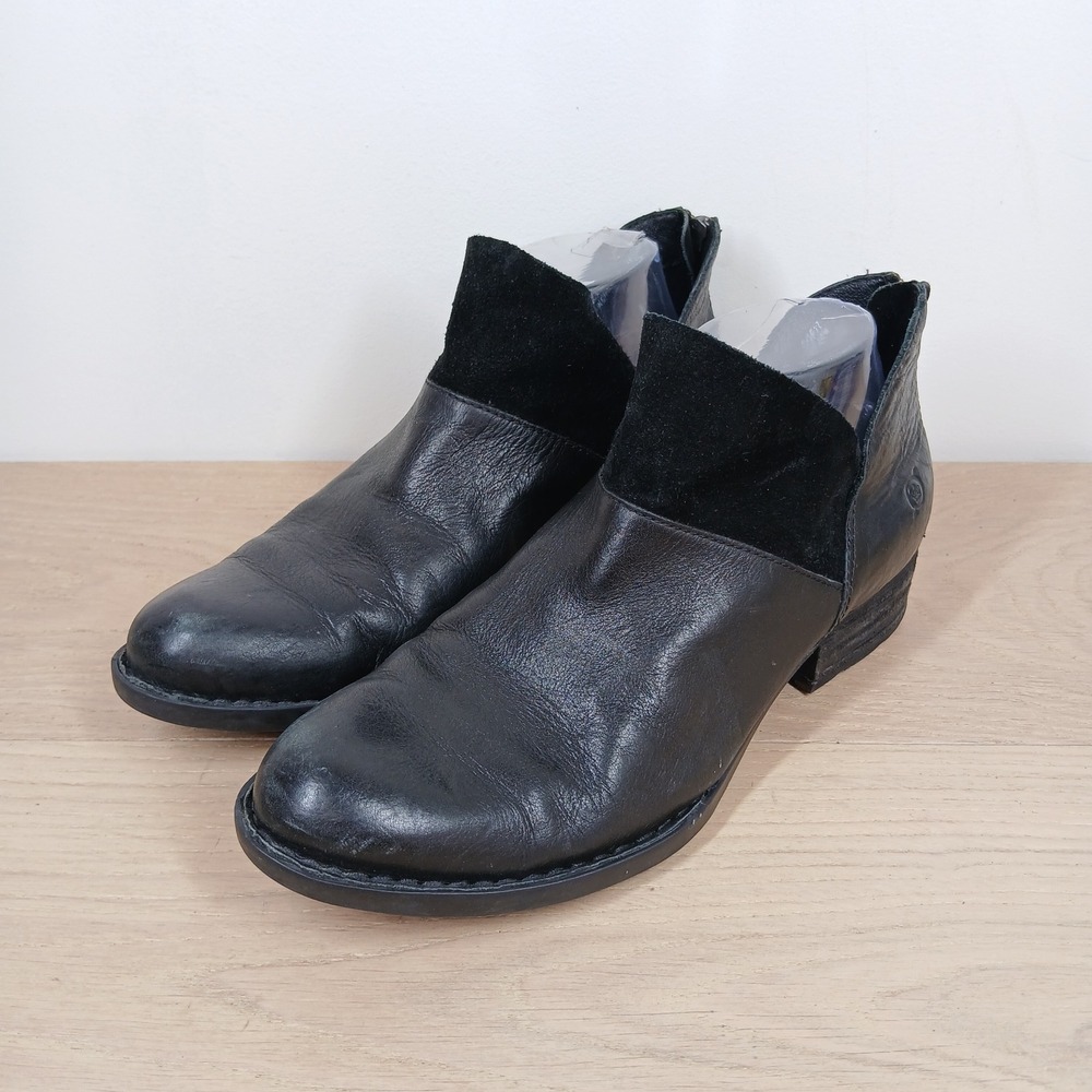 Born Boots Women 9 Black Leather Ankle Low Heel Elastic Back Zip Casual